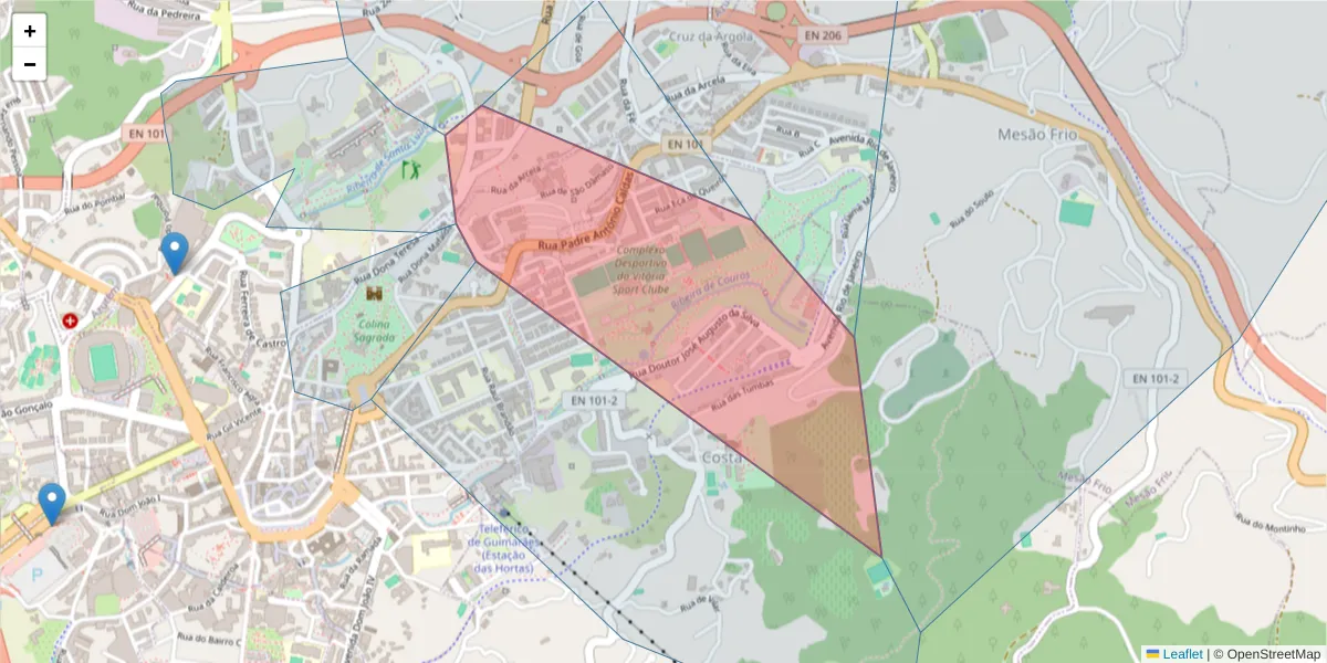 Mapa detalhado do código postal 4810-246 com limites, códigos postais vizinhos e agências dos correios