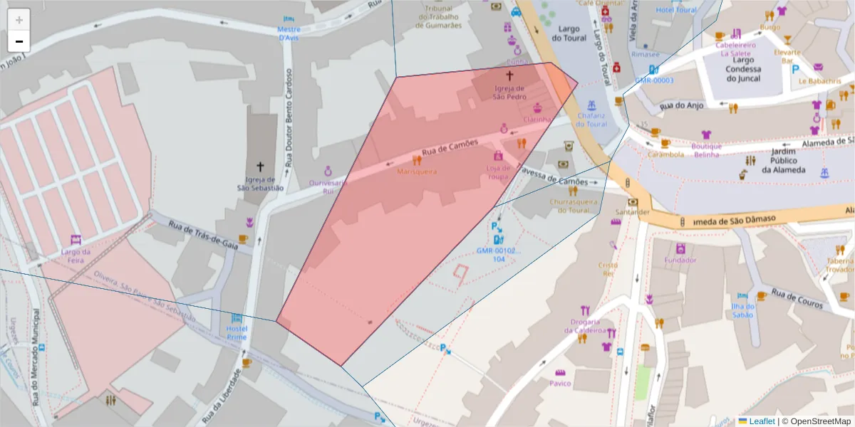 Mapa detalhado do código postal 4810-442 com limites, códigos postais vizinhos e agências dos correios