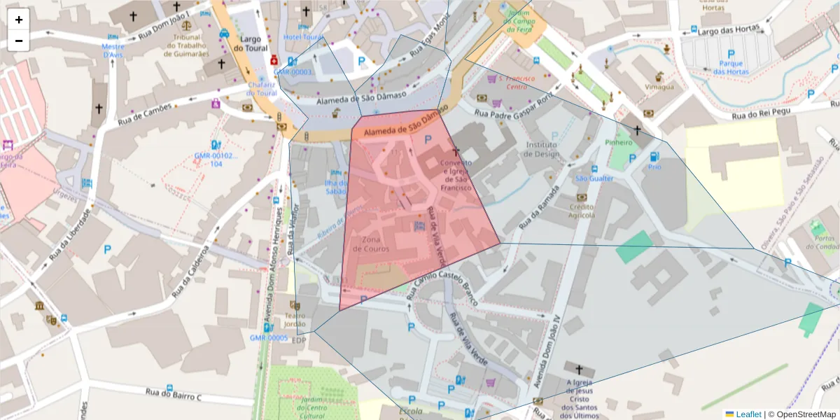 Mapa detalhado do código postal 4810-451 com limites, códigos postais vizinhos e agências dos correios