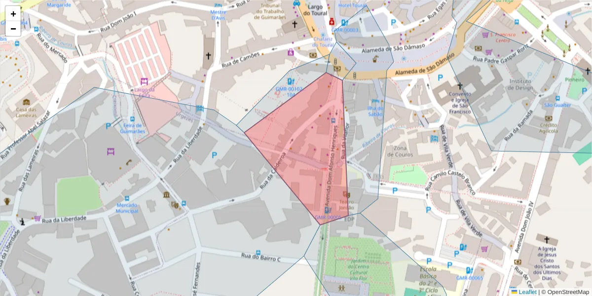 Mapa detalhado do código postal 4810-452 com limites, códigos postais vizinhos e agências dos correios