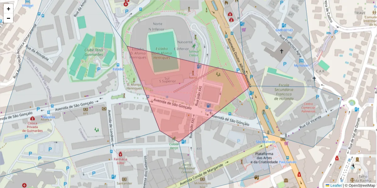 Mapa detalhado do código postal 4810-525 com limites, códigos postais vizinhos e agências dos correios