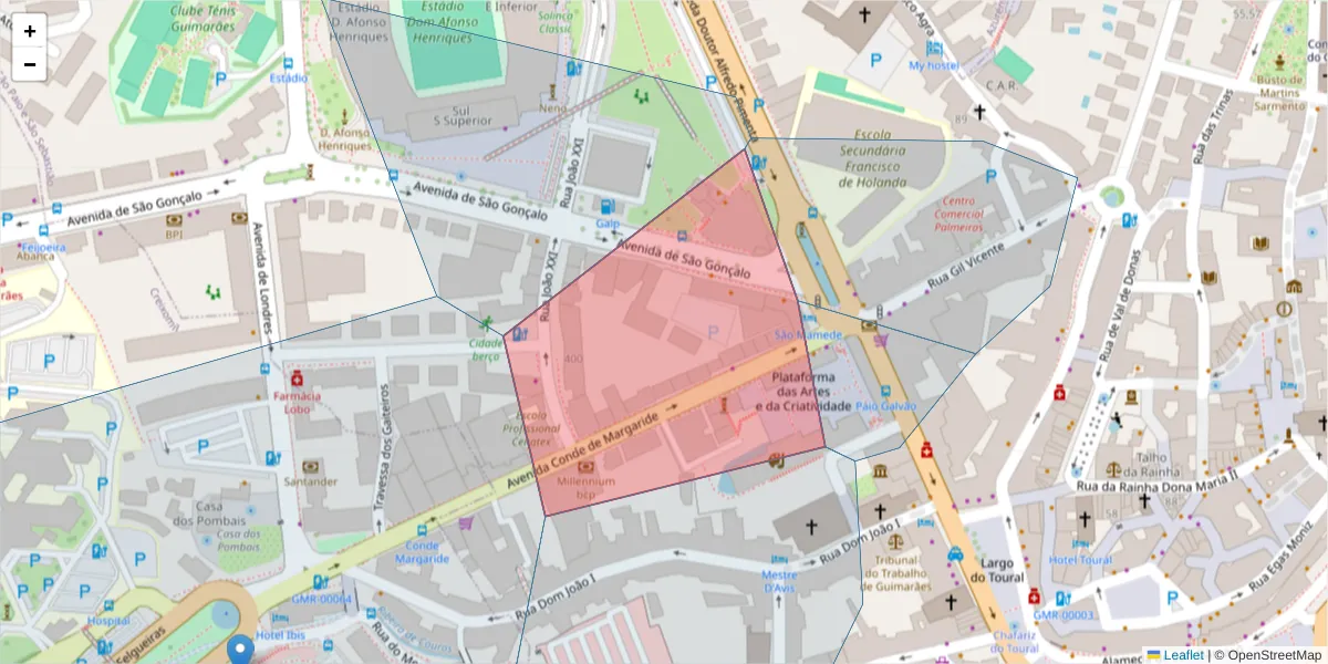 Mapa detalhado do código postal 4810-537 com limites, códigos postais vizinhos e agências dos correios