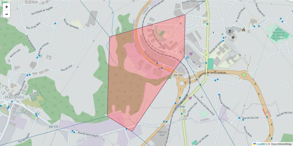 Mapa detalhado do código postal 4810 com limites, códigos postais vizinhos e agências dos correios