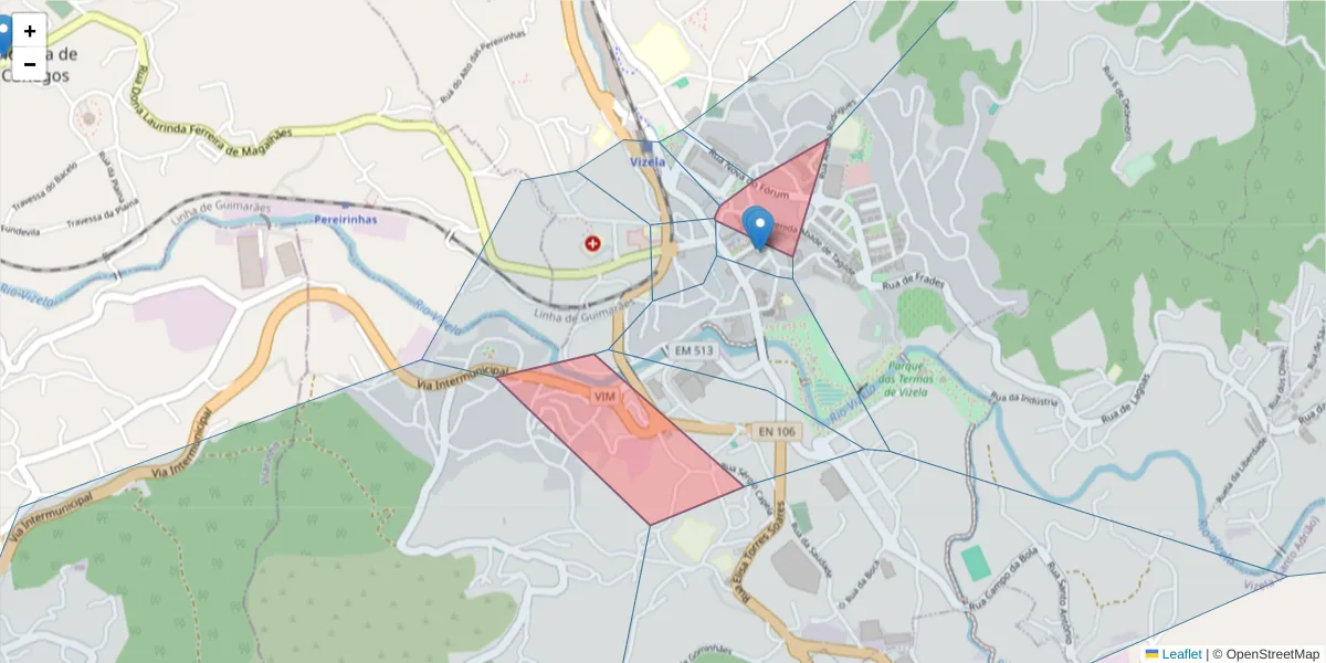 Mapa detalhado do código postal 4815-000 com limites, códigos postais vizinhos e agências dos correios