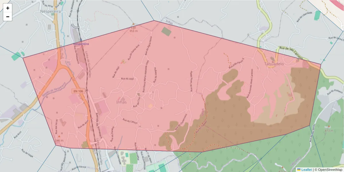 Mapa detalhado do código postal 4815-084 com limites, códigos postais vizinhos e agências dos correios