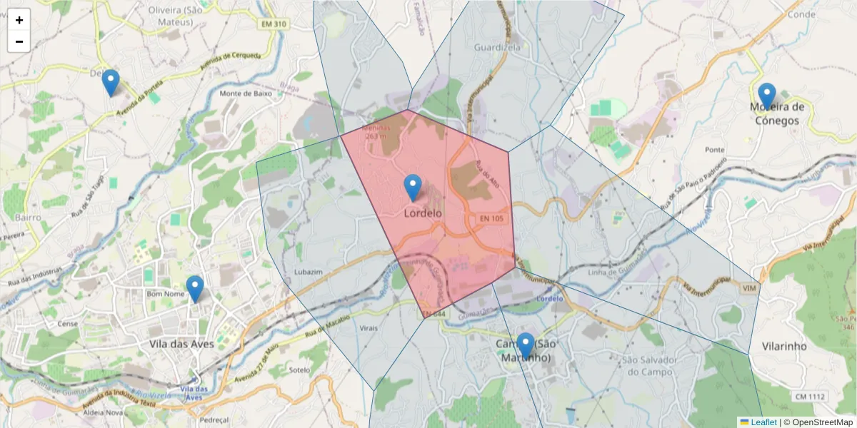 Mapa detalhado do código postal 4815-131 com limites, códigos postais vizinhos e agências dos correios