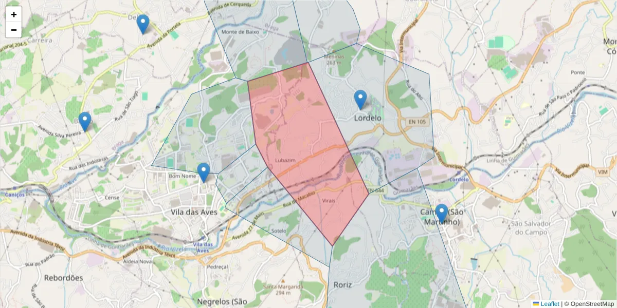 Mapa detalhado do código postal 4815-182 com limites, códigos postais vizinhos e agências dos correios