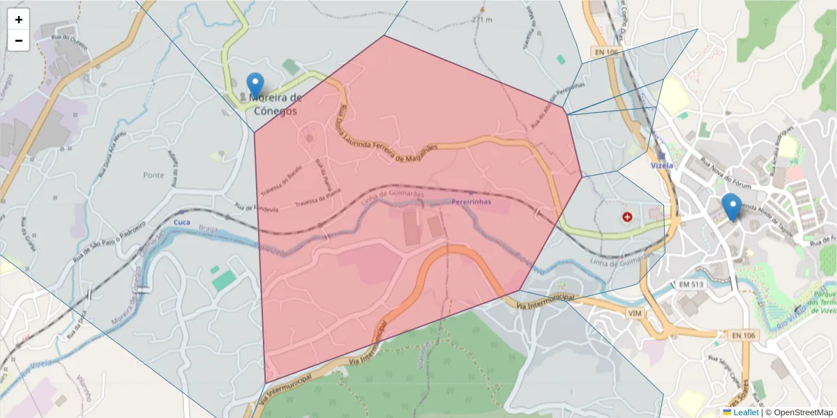 Mapa detalhado do código postal 4815-353 Moreira de Cónegos com limites, códigos postais vizinhos e agências dos correios