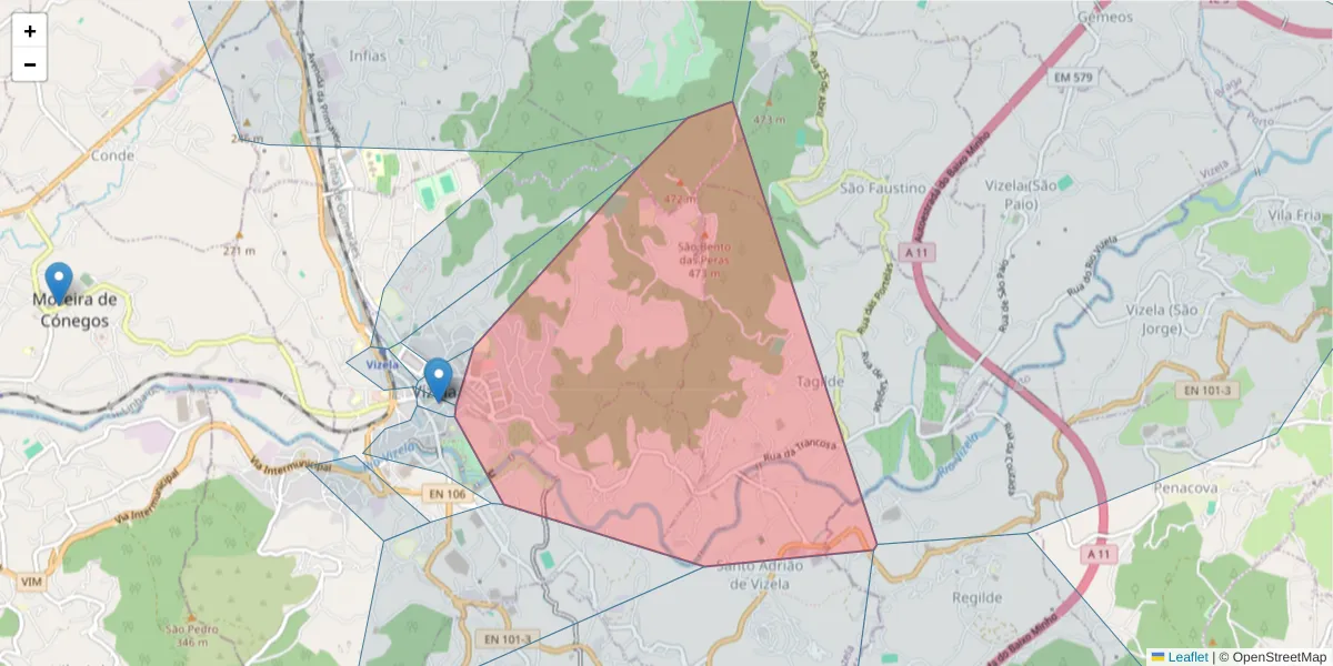 Mapa detalhado do código postal 4815-471 com limites, códigos postais vizinhos e agências dos correios