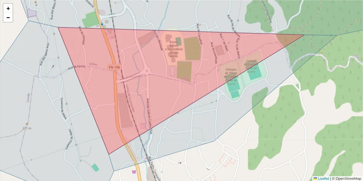 Mapa detalhado do código postal 4815-659 com limites, códigos postais vizinhos e agências dos correios