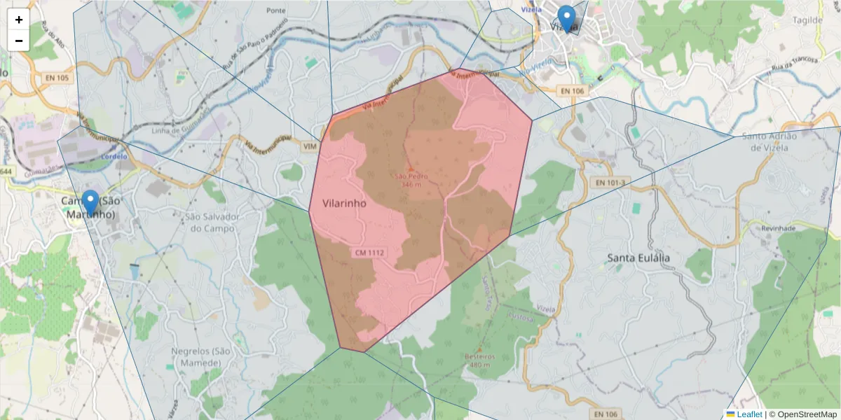 Mapa detalhado do código postal 4815-712 com limites, códigos postais vizinhos e agências dos correios