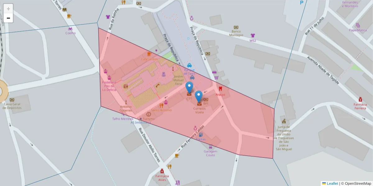 Mapa detalhado do código postal 4815-999 com limites, códigos postais vizinhos e agências dos correios