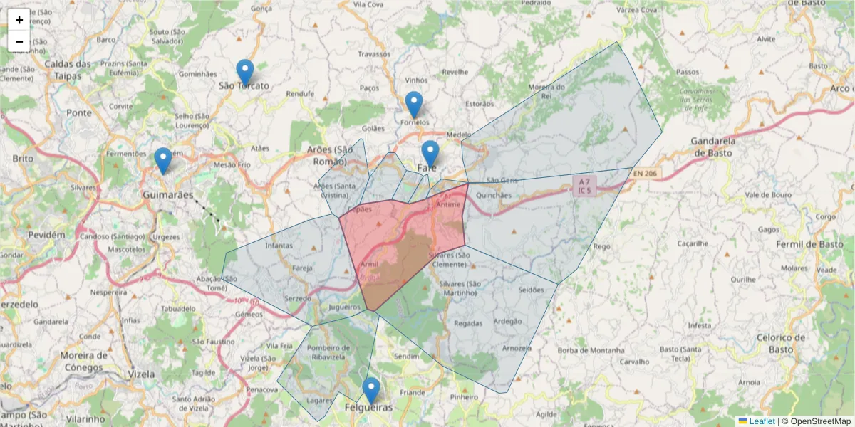 Mapa detalhado do código postal 4820-005 com limites, códigos postais vizinhos e agências dos correios