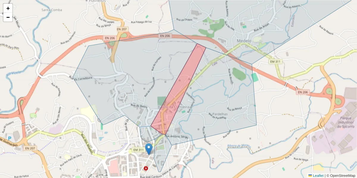 Mapa detalhado do código postal 4820-166 com limites, códigos postais vizinhos e agências dos correios