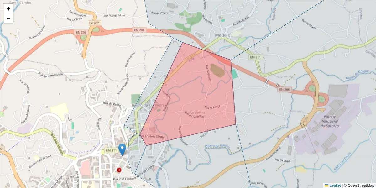 Mapa detalhado do código postal 4820-263 com limites, códigos postais vizinhos e agências dos correios