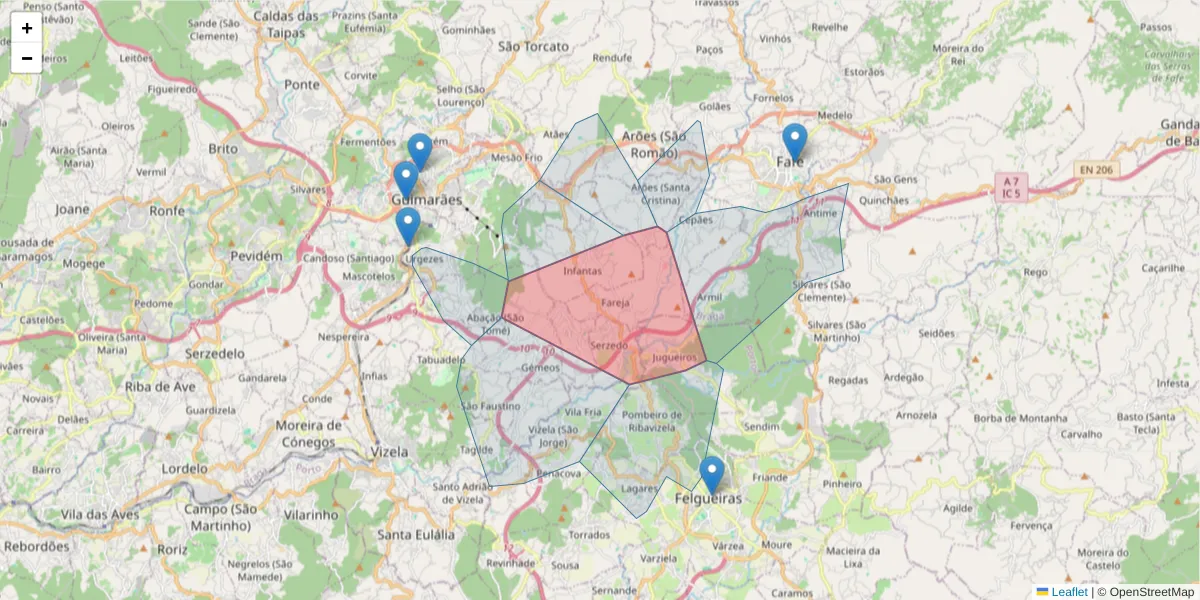 Mapa detalhado do código postal 4820-400 com limites, códigos postais vizinhos e agências dos correios