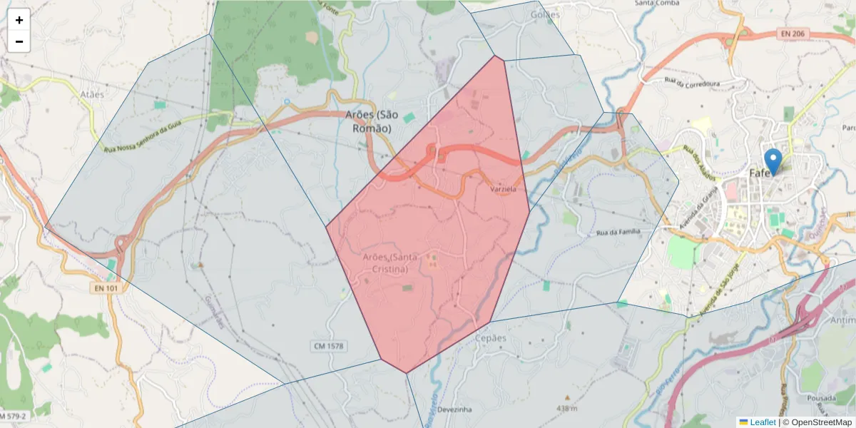 Mapa detalhado do código postal 4820-451 com limites, códigos postais vizinhos e agências dos correios