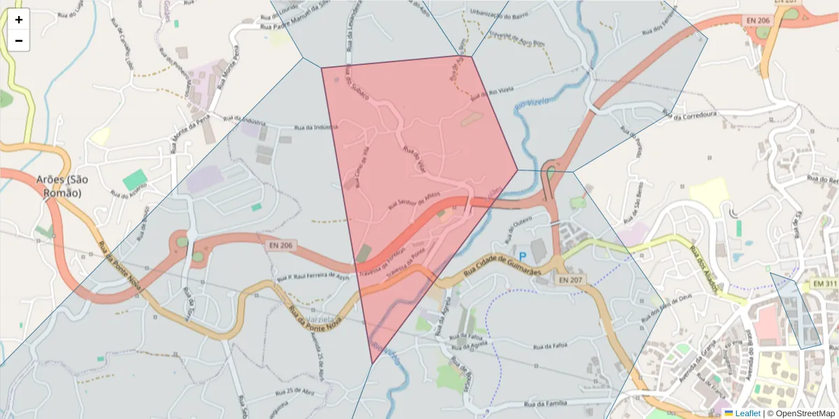 Mapa detalhado do código postal 4820-461 com limites, códigos postais vizinhos e agências dos correios