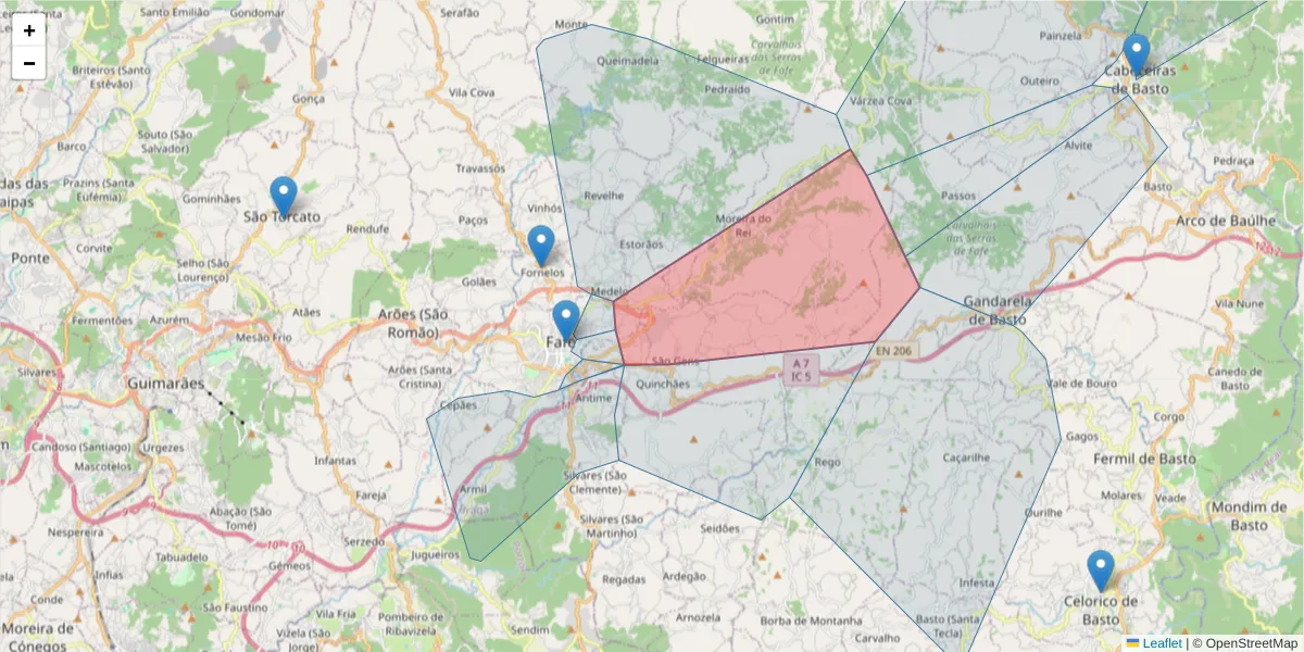 Mapa detalhado do código postal 4820-570 com limites, códigos postais vizinhos e agências dos correios