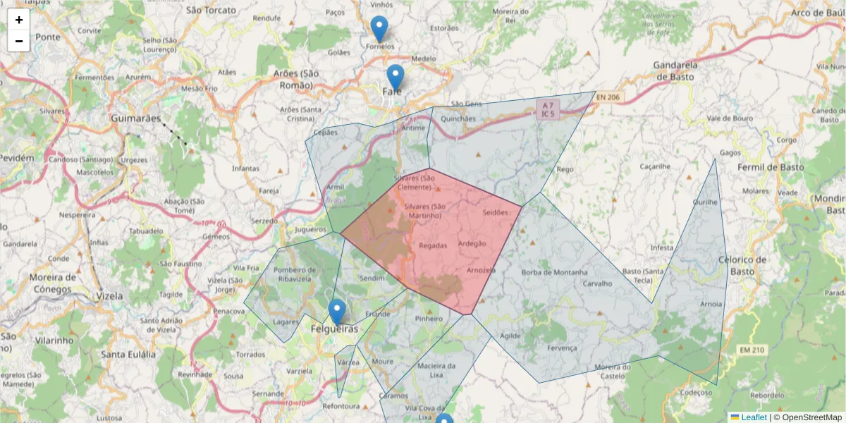 Mapa detalhado do código postal 4820-710 com limites, códigos postais vizinhos e agências dos correios