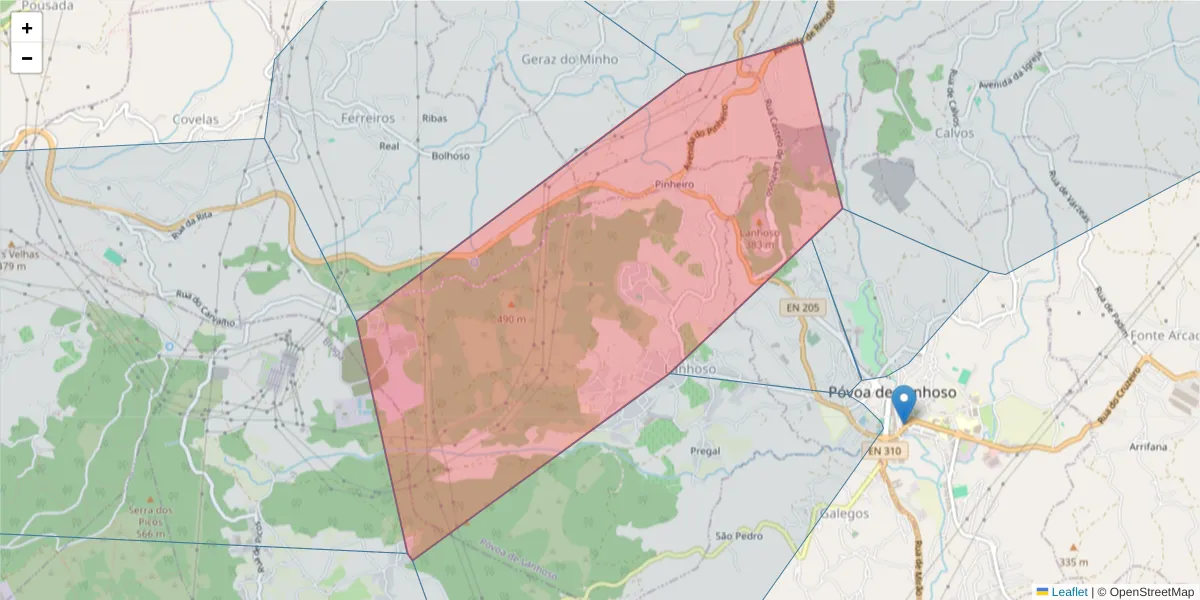 Mapa detalhado do código postal 4830-334 com limites, códigos postais vizinhos e agências dos correios