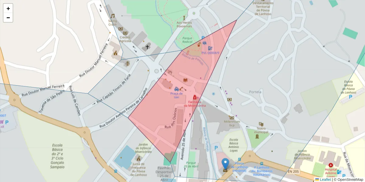 Mapa detalhado do código postal 4830-518 com limites, códigos postais vizinhos e agências dos correios