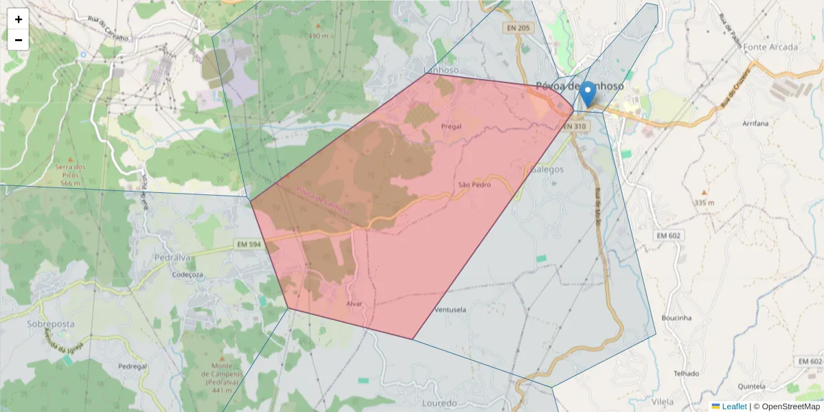 Mapa detalhado do código postal 4830-523 com limites, códigos postais vizinhos e agências dos correios