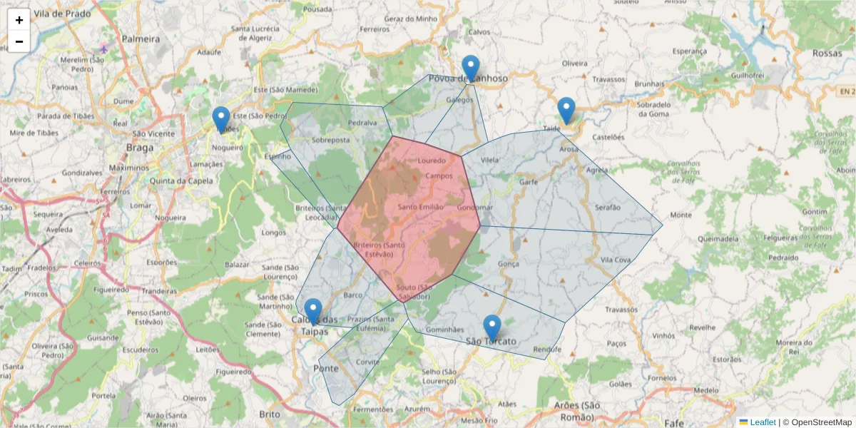 Mapa detalhado do código postal 4830-657 com limites, códigos postais vizinhos e agências dos correios