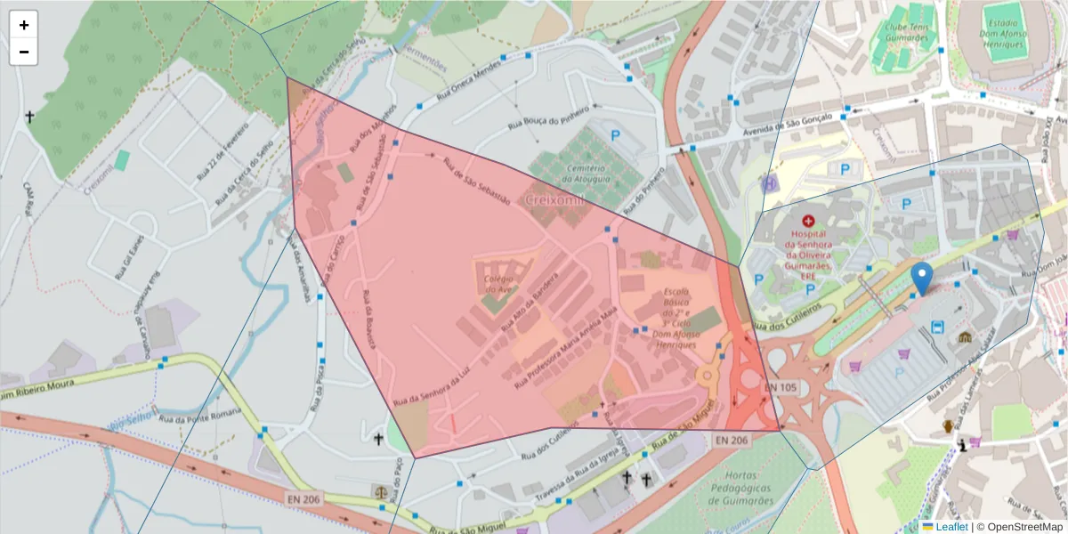Mapa detalhado do código postal 4835-014 com limites, códigos postais vizinhos e agências dos correios