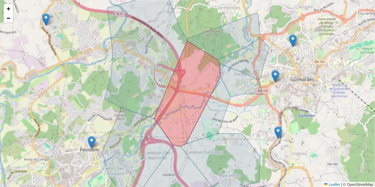 Mapa detalhado do código postal 4835-015 com limites, códigos postais vizinhos e agências dos correios