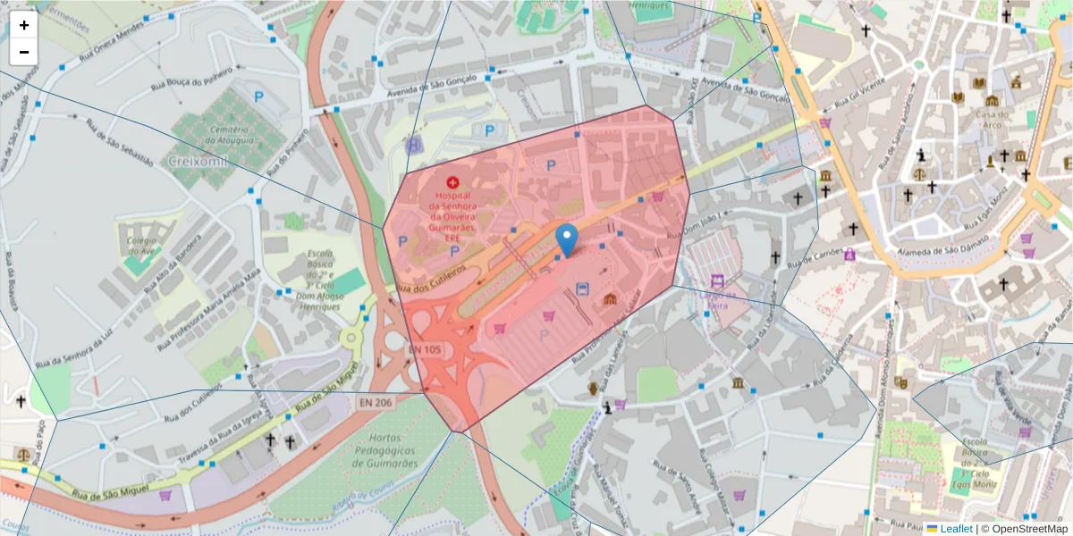 Mapa detalhado do código postal 4835-066 com limites, códigos postais vizinhos e agências dos correios