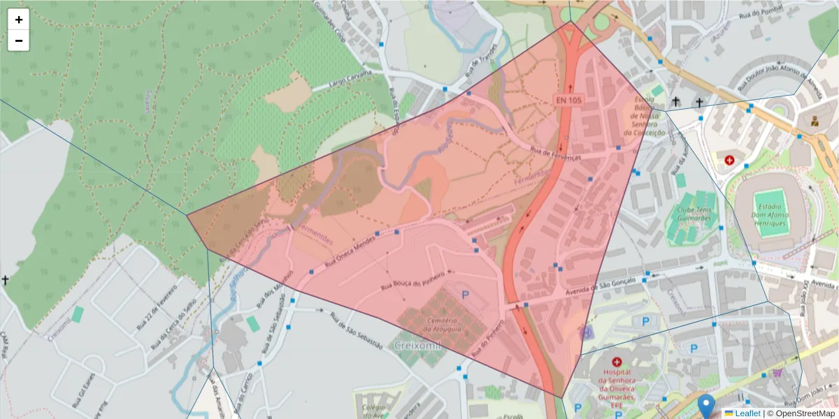 Mapa detalhado do código postal 4835-087 com limites, códigos postais vizinhos e agências dos correios