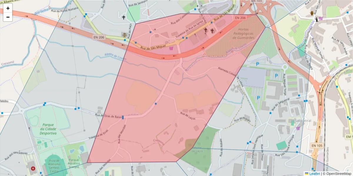 Mapa detalhado do código postal 4835-106 com limites, códigos postais vizinhos e agências dos correios