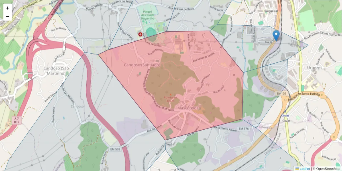 Mapa detalhado do código postal 4835-140 com limites, códigos postais vizinhos e agências dos correios