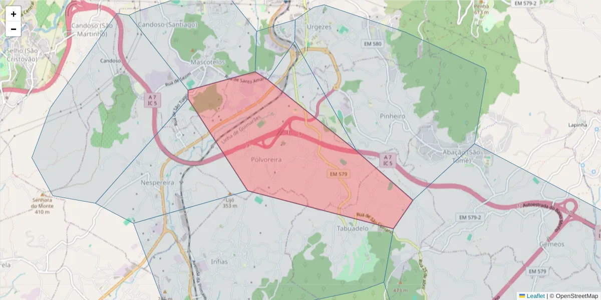 Mapa detalhado do código postal 4835-164 com limites, códigos postais vizinhos e agências dos correios