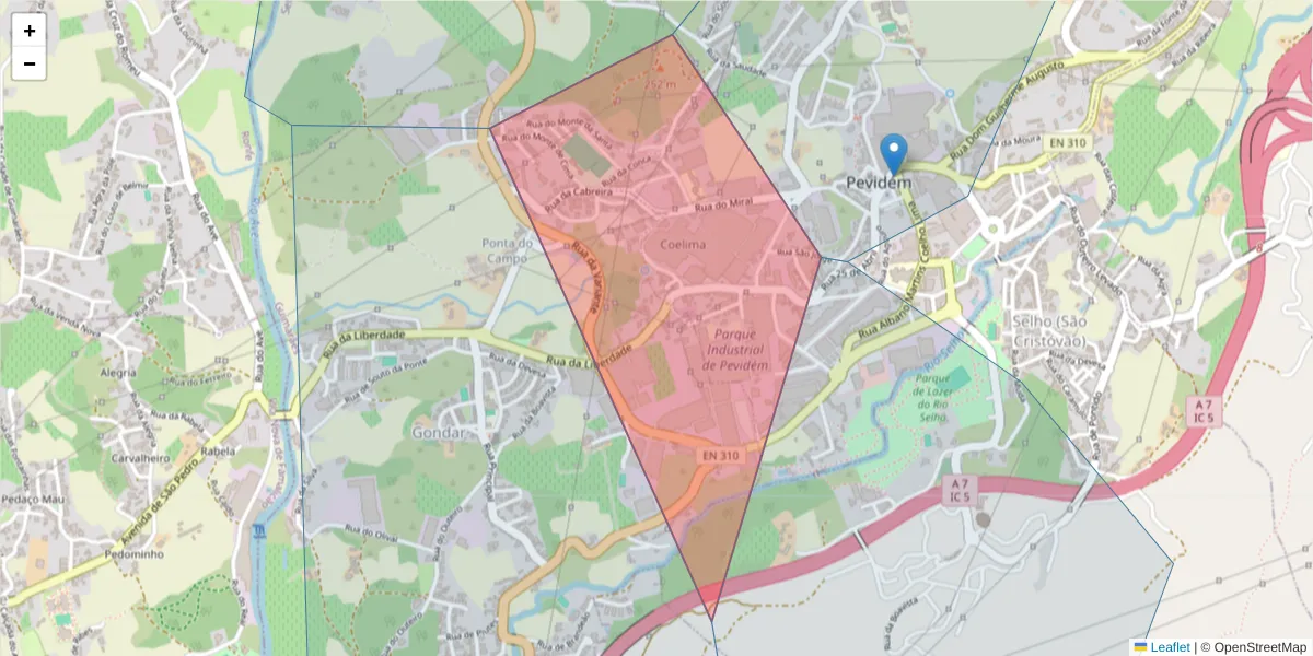 Mapa detalhado do código postal 4835-295 com limites, códigos postais vizinhos e agências dos correios