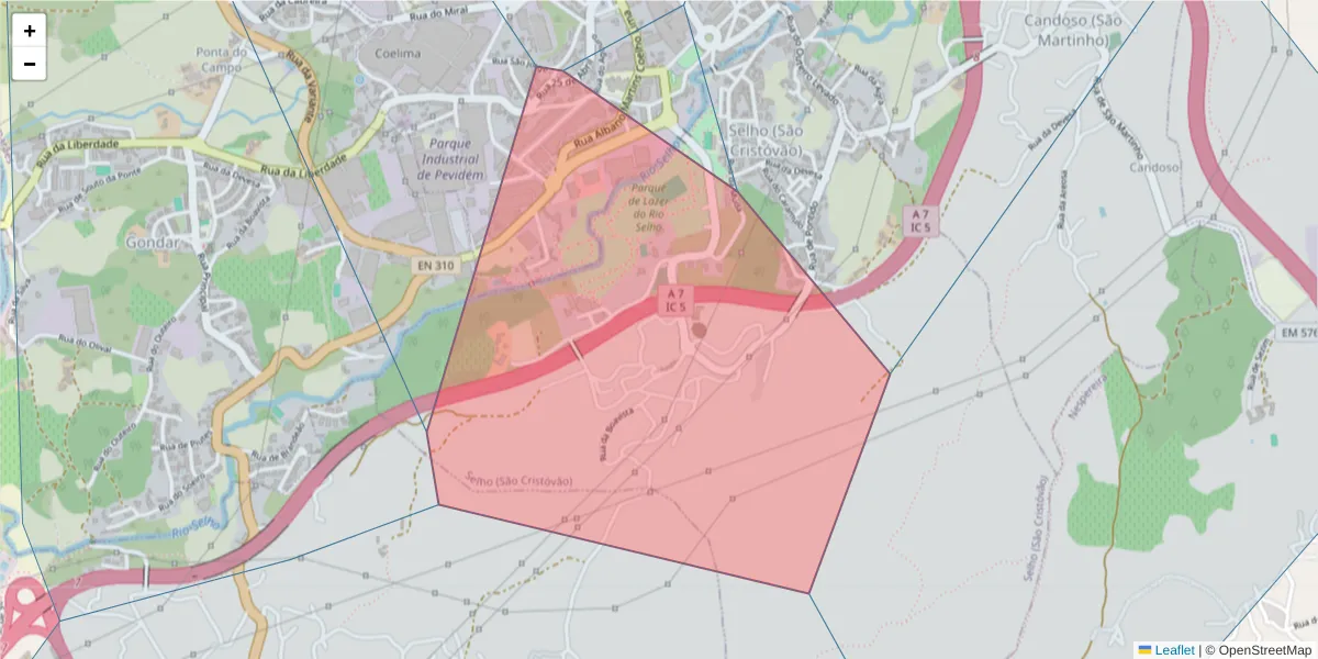 Mapa detalhado do código postal 4835-297 com limites, códigos postais vizinhos e agências dos correios