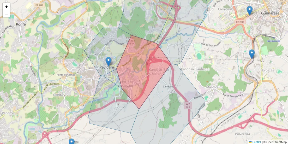 Mapa detalhado do código postal 4835-320 Guimarães com limites, códigos postais vizinhos e agências dos correios