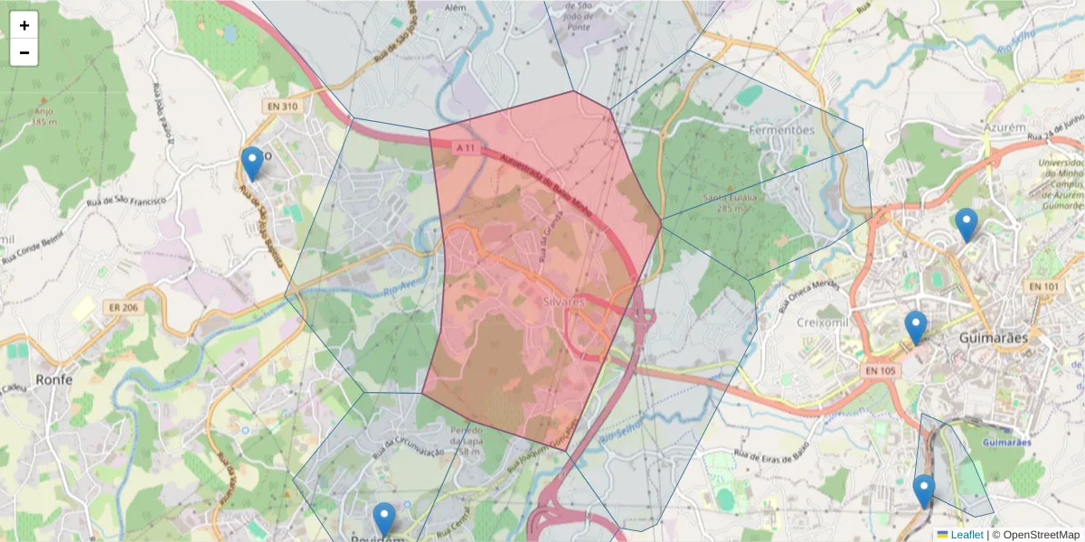 Mapa detalhado do código postal 4835-400 com limites, códigos postais vizinhos e agências dos correios