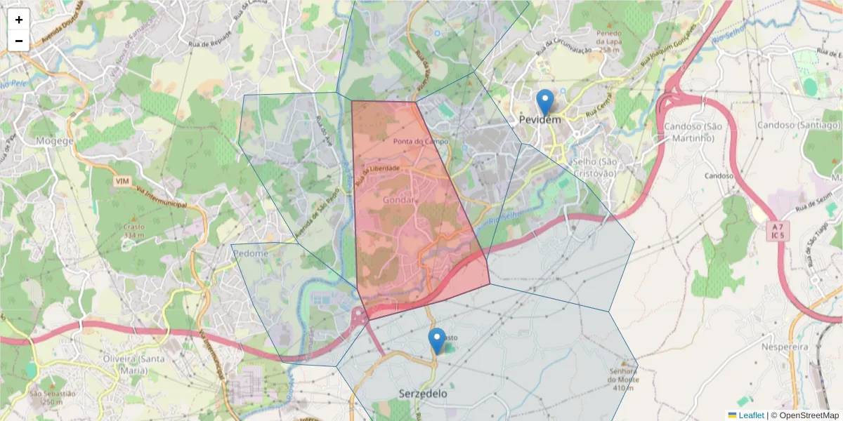 Mapa detalhado do código postal 4835-551 com limites, códigos postais vizinhos e agências dos correios