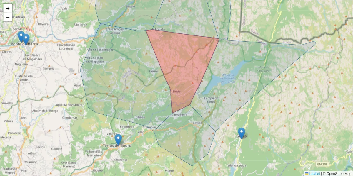 Mapa detalhado do código postal 4840-020 com limites, códigos postais vizinhos e agências dos correios