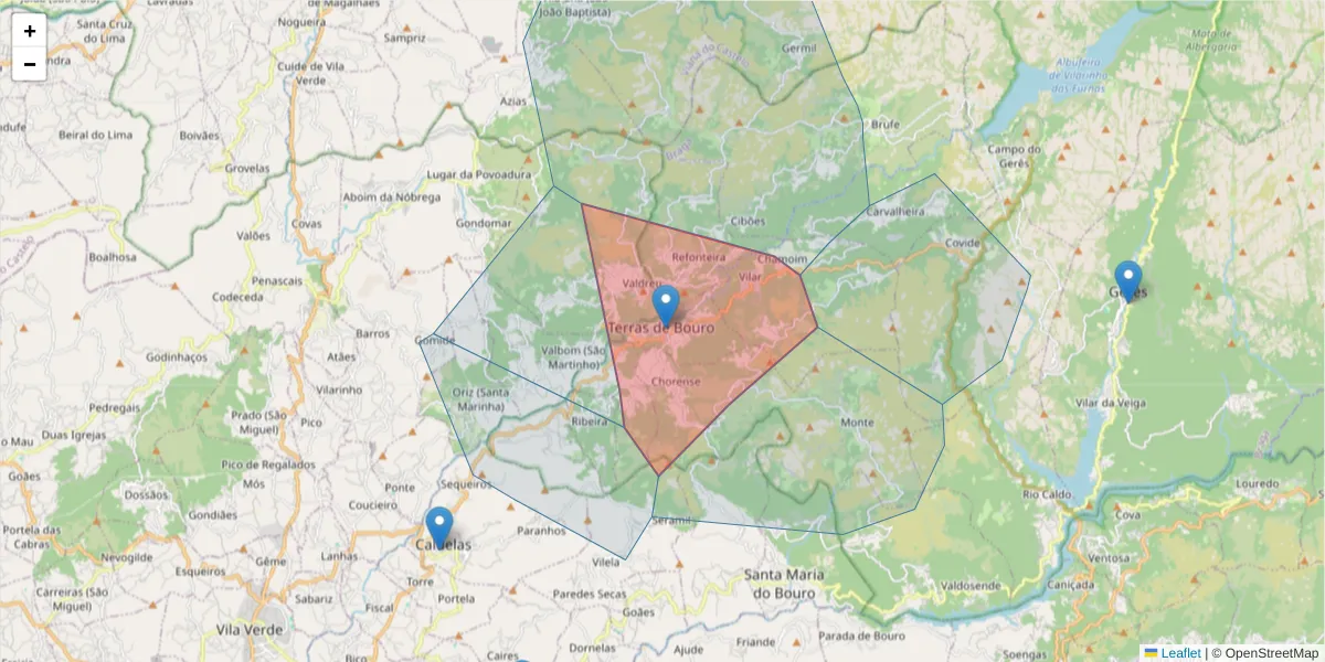 Mapa detalhado do código postal 4840-100 com limites, códigos postais vizinhos e agências dos correios