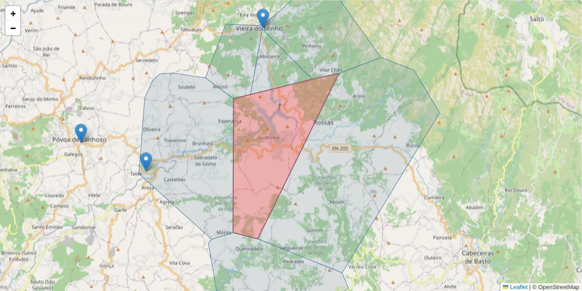 Mapa detalhado do código postal 4850-317 com limites, códigos postais vizinhos e agências dos correios