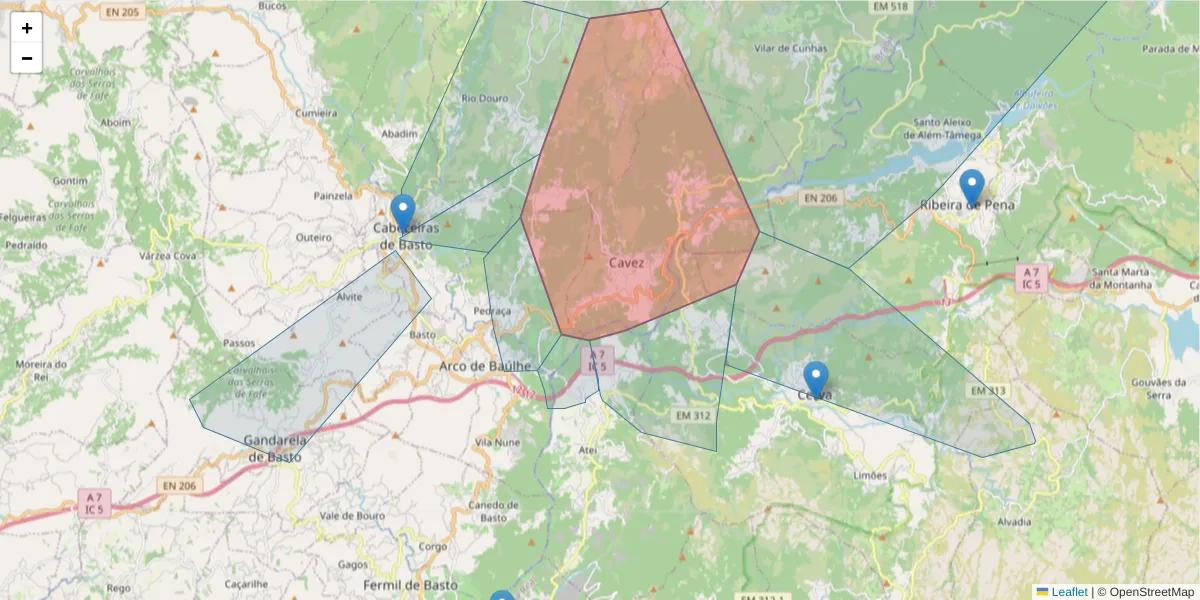 Mapa detalhado do código postal 4860-176 com limites, códigos postais vizinhos e agências dos correios
