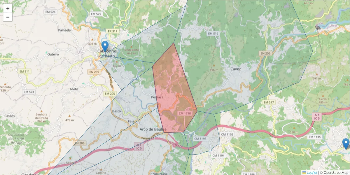 Mapa detalhado do código postal 4860-298 com limites, códigos postais vizinhos e agências dos correios