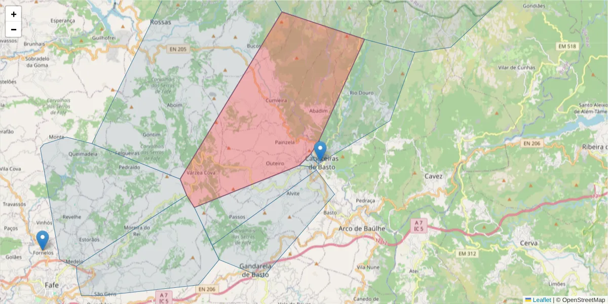 Mapa detalhado do código postal 4860-307 com limites, códigos postais vizinhos e agências dos correios