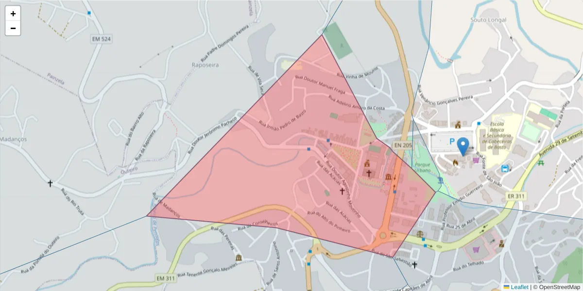 Mapa detalhado do código postal 4860-355 com limites, códigos postais vizinhos e agências dos correios