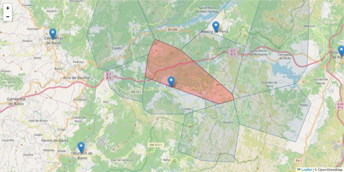 Mapa detalhado do código postal 4870-052 com limites, códigos postais vizinhos e agências dos correios