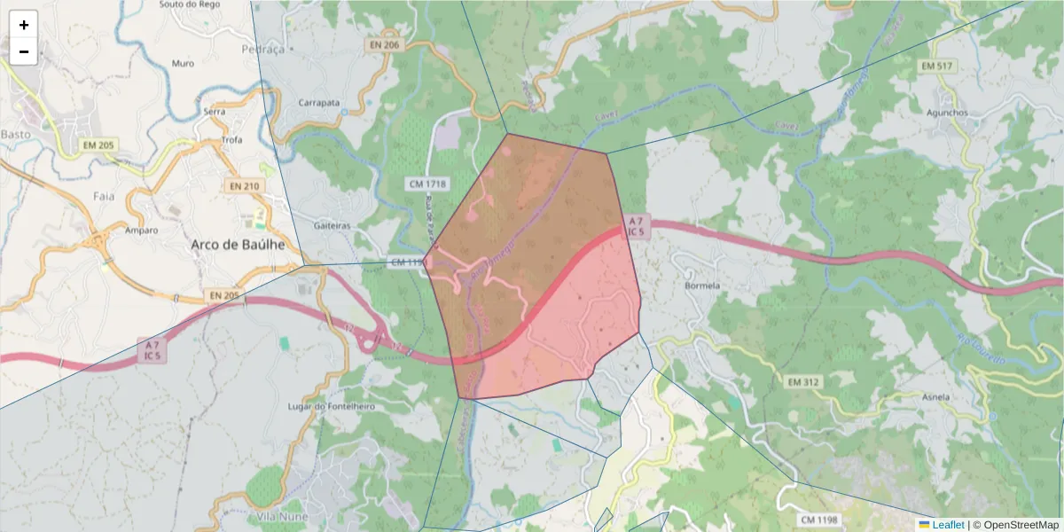 Mapa detalhado do código postal 4880-013 com limites, códigos postais vizinhos e agências dos correios