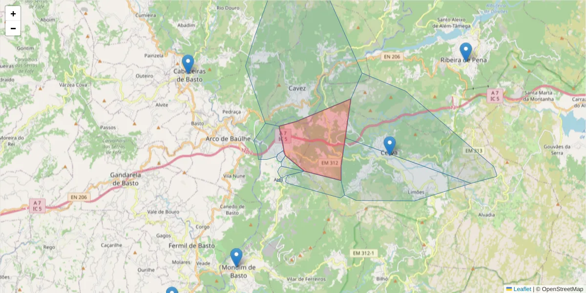 Mapa detalhado do código postal 4880-016 com limites, códigos postais vizinhos e agências dos correios